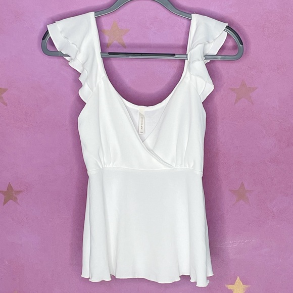 Chocolate White Flutter Sleeve Cross Front Boho Feminine Blouse Woman’s Small - Picture 1 of 7